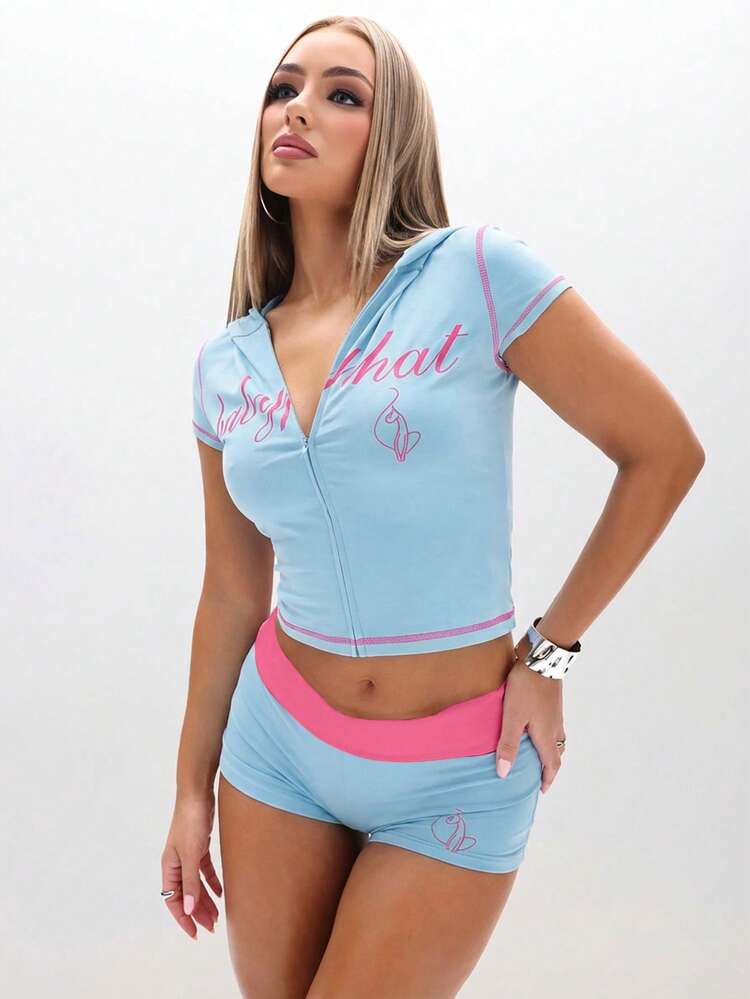 BABYPHAT Hooded Zip Up Crop Top Short Sleeve V Neck Baby Pink Script Print Summer Festival Casual - Baby Blue - View 6
