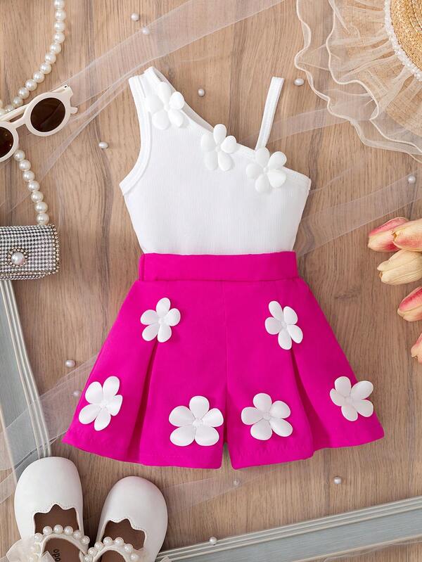 SHEIN Baby Girls' Korean Fashion Summer New Stylish 3D Floral Decor Set, Spaghetti Strap Vest + Cute Shorts 2pcs Outfit