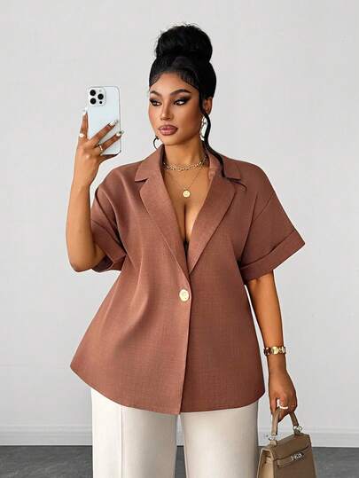 Maweii 大码女式棕色金属装饰细节短袖外套