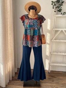 Rusticease Blusa de manga corta con estampado de patchwork, casual y de talla grande para el verano de mujeres - Multicolor - Ver 3