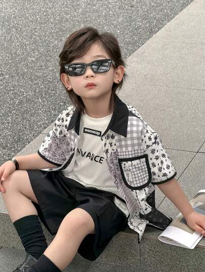 DAZY Young Boy Summer Casual Patchwork Print Shirt & Shorts Set