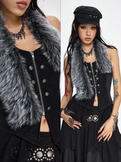 ROMWE Grunge Punk 朋克航海风网眼拼接可拆卸高低毛领露背女式上衣