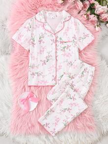 SHEIN Bộ đồ ngủ bé gái in hoa gồm áo khoác cardigan cổ bẻ và quần dài, đồ mặc nhà thoải mái và dễ thương, 2 món, thích hợp cho mùa hè. - trắng - Xem 4
