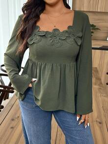 SHEIN Frenchy 大码女式方领立体花卉长袖收腰衬衫，绿色，适合各种场合。 - 綠色 - 查看 2