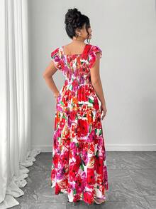 Elenzga 大码女士优雅褶皱短袖收腰长款飘逸印花连衣裙，适合海滩度假 - 彩色 - 查看 2