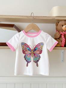 Baby Girl Casual Minimalist Short Sleeve Round Neck Top, Suitable For Summer, Faux Sequins Butterfly Print, Sweet & Cute, Suitable For Parties & Casual Wear - Multicolor - View 2