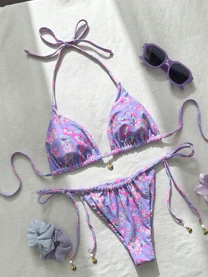 Swim Mod 2pcs/Set Women's Random Print Spaghetti Strap Tie Side Sexy Bikini Set, Summer