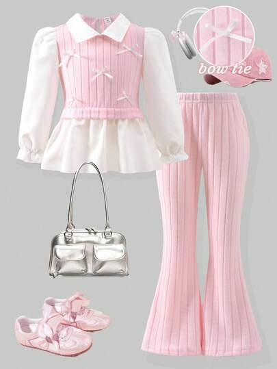 Elladie kids Conjunto de camisa casual para niñas, con decoración de lazo blanco, tela de punto acanalada rosa con parches, blusa de manga larga con cuello y volantes blancos, combinada con pantalones casuales acampanados rosas, conjunto de 2 piezas, adecuado para volver al colegio, uso casual, moda, dulce, lindo, salidas diarias y fotografía de viaje