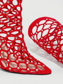 CUCCOO SZL 尖头粗跟性感迷人镂空设计舞台派对时尚过膝长靴，适合春季、春假、复活节和情人节穿着。 - 紅色 - 查看 5