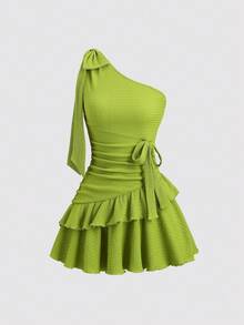Sweetra Y2K性感不对称肩部度假风褶皱雪纺连衣裙 - 綠色 - 查看 7