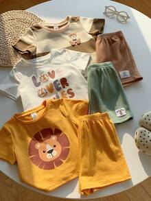 SHEIN 6件套男女宝宝休闲可爱夏季针织狮子卡通印花短袖T恤和松紧腰短裤套装，基础款多件套 - 彩色 - 查看 6