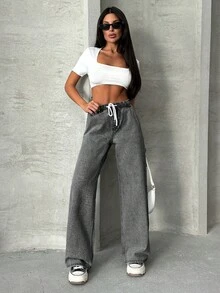EURMUSE WOMEN Elastic Waist & Belted Cargo Denim JEANS MID WAIST - Light Grey - View 5