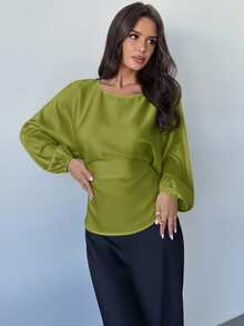 Firerie Áo kiểu nữ thanh lịch, lãng mạn, thường ngày, màu nâu cà phê, cổ tròn, tay cánh dơi, dài tay, thắt eo, dáng chữ X, phù hợp cho giáo viên và mùa thu. - Màu xanh Ô liu - Xem 5