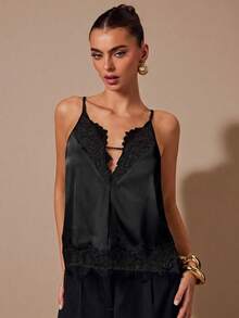 SHEIN BAE Áo hai dây satin cổ chữ V phối đen trắng, thích hợp cho tiệc tùng, tiệc cocktail, sinh nhật, phù dâu, khách dự đám cưới, tiệc brunch, áo không tay thanh lịch. - màu đen - Xem 7