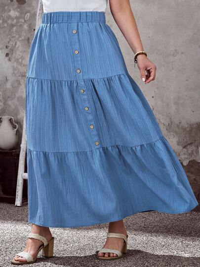 EMERY ROSE Plus Size Women's Casual Vacation Solid Blue Button Decor Skirt, Spring/Summer