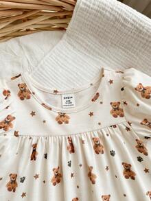 Baby Girl Cute Slouchy Cartoon Bear Pattern Ruffle Hem Knit Nightgown - Multicolor - View 3