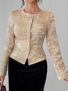 DAZY Women's Elegant Floral Textured Round Neck Lightweight Jacket, Spring - Gold - View 7