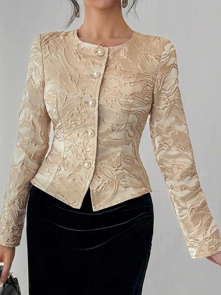 Women's Elegant Floral Textured Round Neck Lightweight Jacket, Spring,Wedding Guest Dress Women