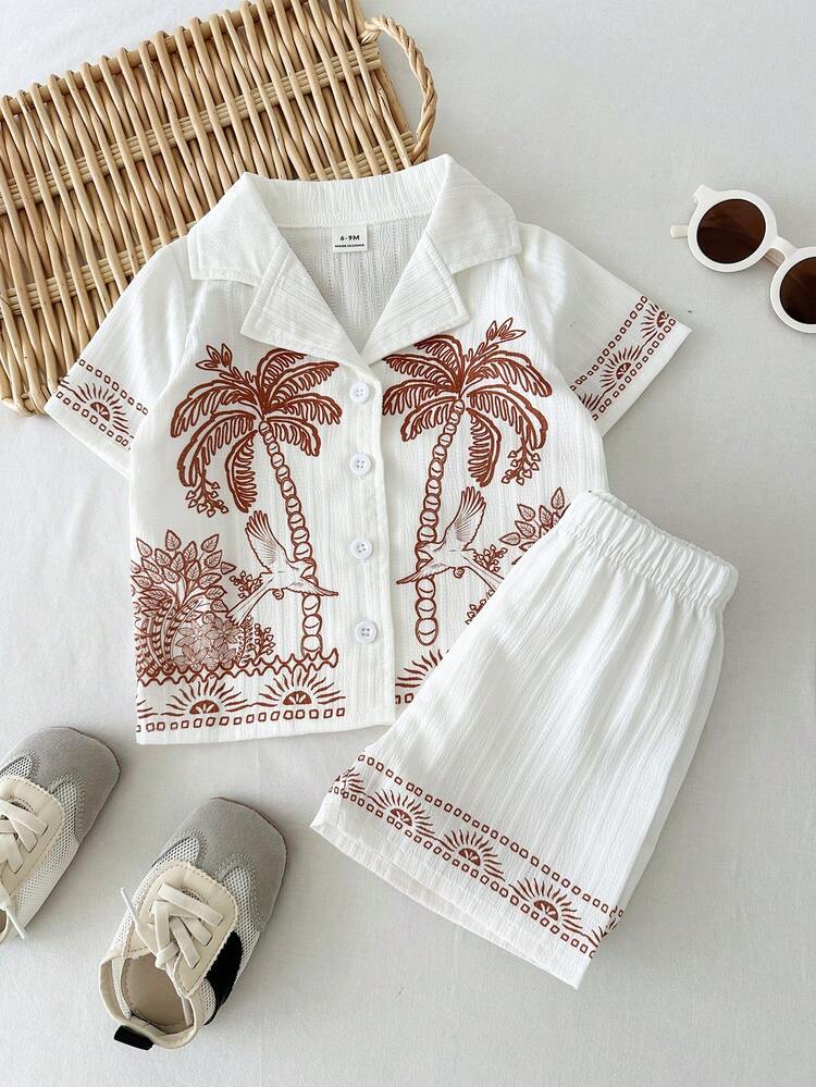 Playful Pals Baby Boy Geometric Pattern Patchwork Collar Short Sleeve Shirt And Shorts Set - White - View 5
