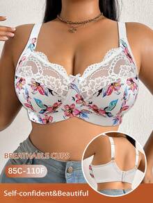 DesireSculpt 1pc Plus Size Lace Patchwork Wireless Bra - Multicolor - View 4