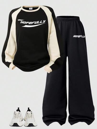 2pcs/Set Teenage Girls' Sporty Casual Outfit, Colorblock Round Neck Long Sleeve Letter Print Sweatshirt And Wide Leg Pants
