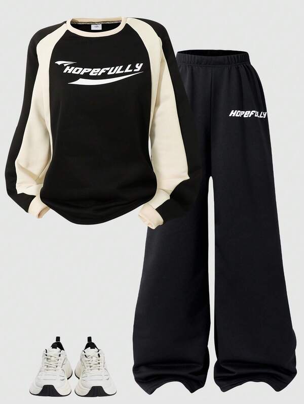 2pcs/Set Teenage Girls' Sporty Casual Outfit, Colorblock Round Neck Long Sleeve Letter Print Sweatshirt And Wide Leg Pants