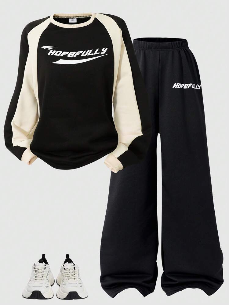 2pcs/Set Teenage Girls' Sporty Casual Outfit, Colorblock Round Neck Long Sleeve Letter Print Sweatshirt And Wide Leg Pants Teen Gtrls 2 Pc Pant Set - Black - View 1