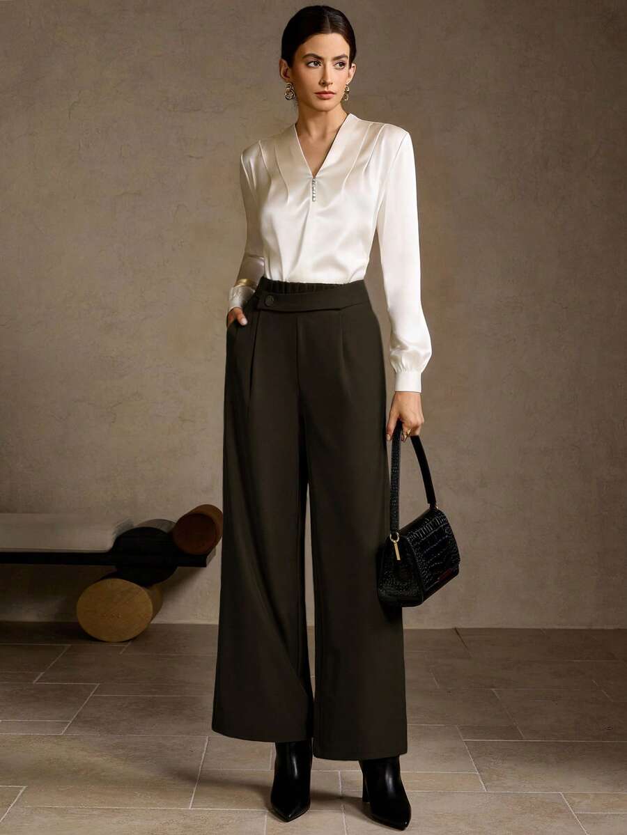 MOTF PREMIUM Quần ống rộng có túi chéo thanh lịch dành cho nữ - Cà phê nâu - Xem 1