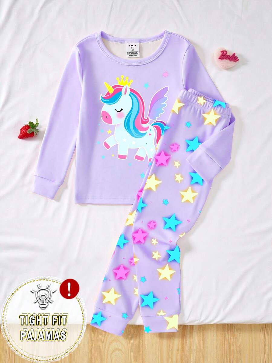 一套女童夜光独角兽印花紧身睡衣套装,紫色长袖上衣和裤子 - 紫色 - 查看 1