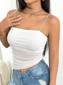 Glamine Solid Color Spaghetti Strap Ruched Casual Versatile Fitted Camisole - White - View 3