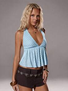 TRNVIE 女士优雅波点V领露背吊带背心，春夏款 - 藍白色 - 查看 3