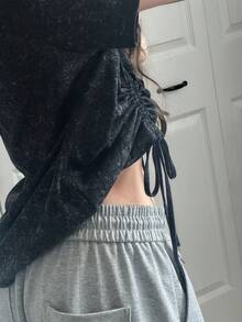 FRIFUL Camiseta holgada y versátil de manga corta con cordón, a cuadros, para mujer, primavera/verano - Gris Oscuro - Ver 8