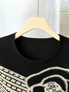 Chiquease Women's Black Floral Summer Elegant Pullover Knit Top For Brunch,Rhinestone Floral Jacquard Raglan Batwing Sleeve Color-Blocked Round Neck Knitwear - Multicolor - View 4