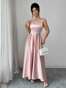 Elenzga Women Elegant Pink Sleeveless Long Dress Asymmetrical Neck With Delicate Gold Embroidery Flared Silhouette Bride Prom Gown - Pink - View 5
