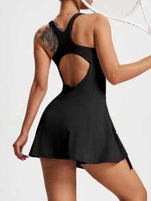 CourtClass 女士纯色荷叶边休闲运动连衣裙 - 黑色 - 查看 4