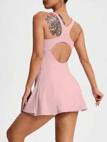 CourtClass Women's Solid Color Square Neck Camisole Style Sport Dress For Coordinated Outfits - Pink - View 2