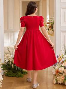 SHEIN Tween Girl Sweetheart Collar Embellished Puff Sleeve Elegant Snug Fit Dress - Black - View 4