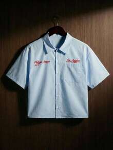 TOKVUE 男士休闲日常通勤时尚街头字母数字印花短袖衬衫，夏季 - 藍色 - 查看 2