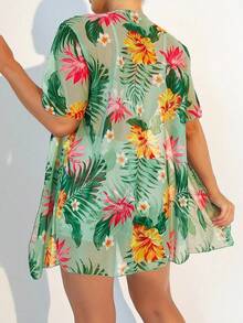 SHEIN Swim Bộ bikini gồm áo hai dây màu trơn và quần short in hoa, kèm áo khoác tay ngắn. - Nhiều màu - Xem 6