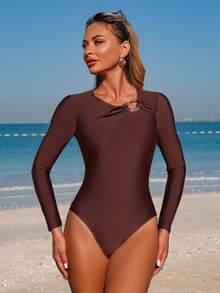 Swim Mulvari 3件套女士连体长袖拉链口袋金属装饰泳衣，长款弹力腰泳裤，不对称下摆裙摆布基尼套装，春夏保守泳装，女士棕色长袖泳衣，棕色连体泳衣，女士棕色泳装，女士棕色两件套 - 棕色 - 查看 4