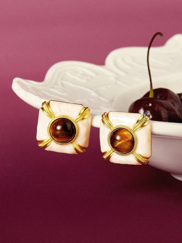 Glisma Exquisite Fashion Design Tiger Eye Stone Inlaid Drop Oil Crafted Earrings, Gift For Women,Old Money,Outfits,Classy,Metallic/Texture,Vintage,Elegant,For Mom/Women/Girl/Mother,Gemstone