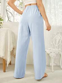 SHEIN Essnce Women's Drawstring Waist Pockets Casual Versatile Wide Leg Pants For Daily Wear - Baby Blue - View 2
