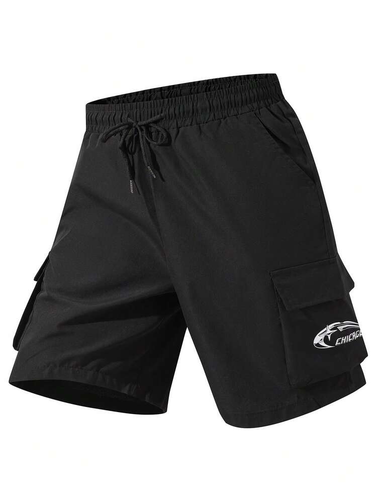 Manfinity Homme Men's  Streetwear Letter Graphic Flap Pocket Cargo Shorts, Summer - Black - View 4