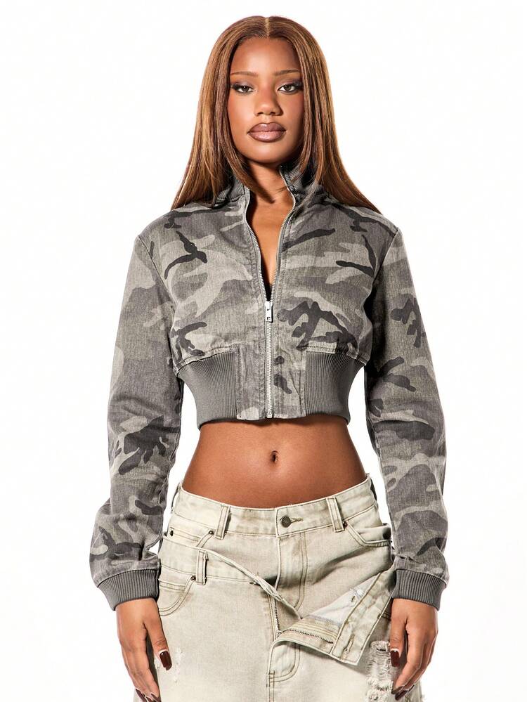 SUMWON WOMEN Camouflage Cropped Denim Jacket With Ribbed Cuffs