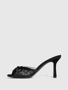 CUCCOO SZL صنادل نسائية بكعب عالي مفتوحة الأصابع مزينة بفيونكة من الدانتيل بتباين الألوان، مناسبة لعيد الحب - الأسود - مشاهدة 7