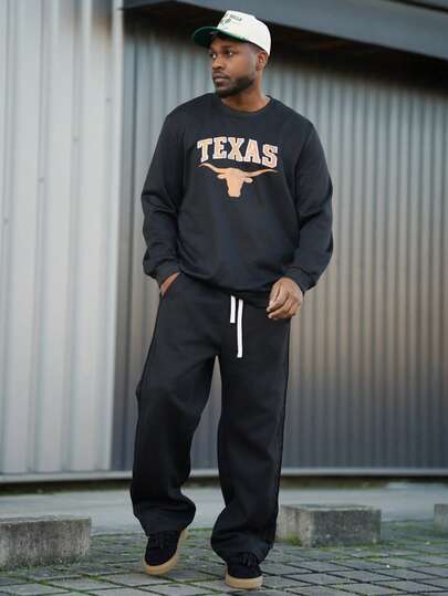 Heavens Edit 男士圆领休闲宽松舒适运动衫，复古美国德克萨斯长角牛印花，嘻哈街头风格