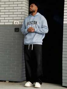 Heavens Edit Men's Boston Letter Print Casual Hoodie Sweatshirt, Back To School, Autumn/Winter, Long Sleeve Top - Baby Blue - View 1