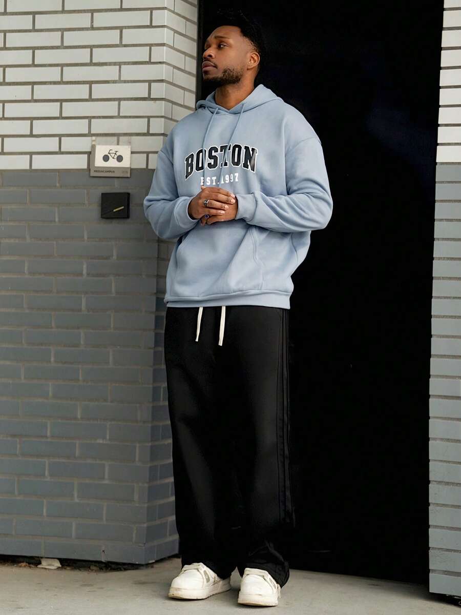 Heavens Edit Men's Boston Letter Print Casual Hoodie Sweatshirt, Back To School, Autumn/Winter, Long Sleeve Top - Baby Blue - View 1