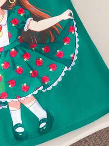 1pc Young Girl Lantern Graphic Cap Sleeve Casual Minimalist Green Dress, Fashionable, Elegant & Cute, Comfortable Summer - Multicolor - View 5