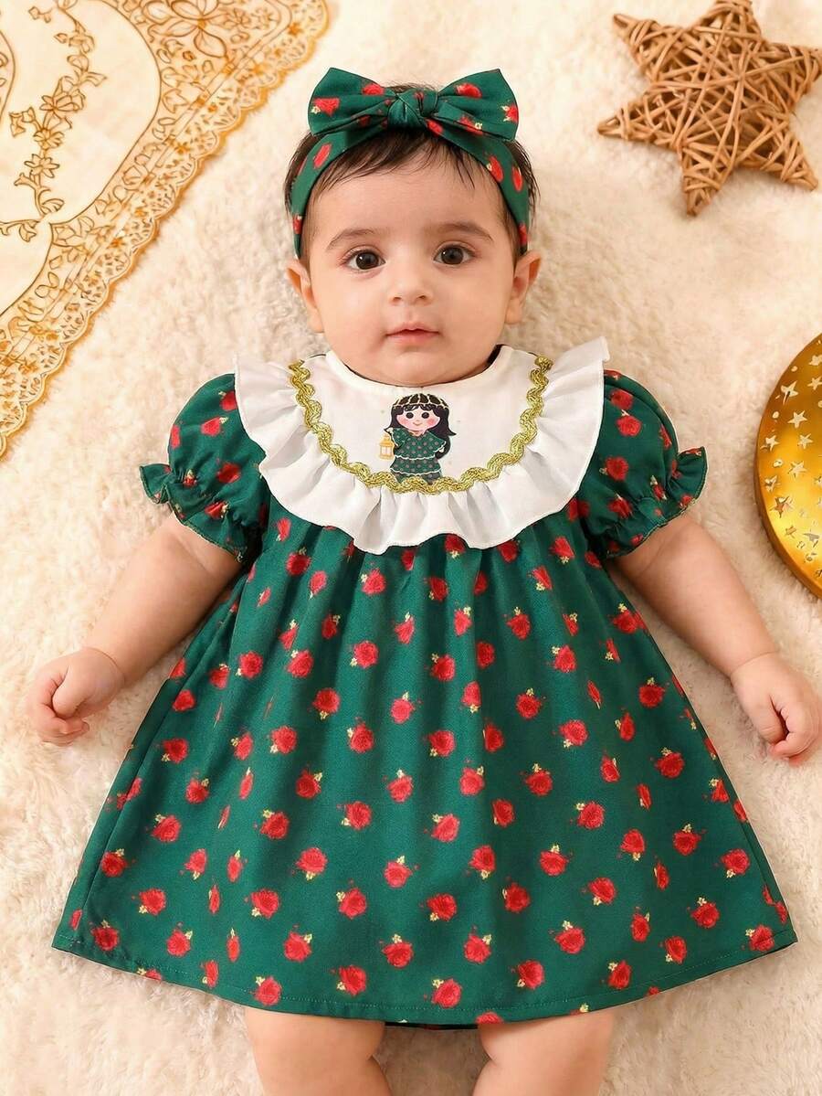 SHEIN Newborn Baby Girl Printed Patchwork White Ruffled Bubble Short Sleeve Dress, Summer New Style - Dark Green - View 1